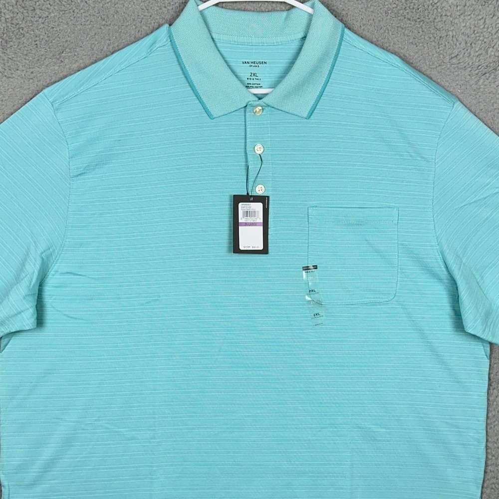 NEw Van Heusen Polo Shirt Mens 2XL‎ Big Tall Aqua Sport Flex Golf Stripes Rugby